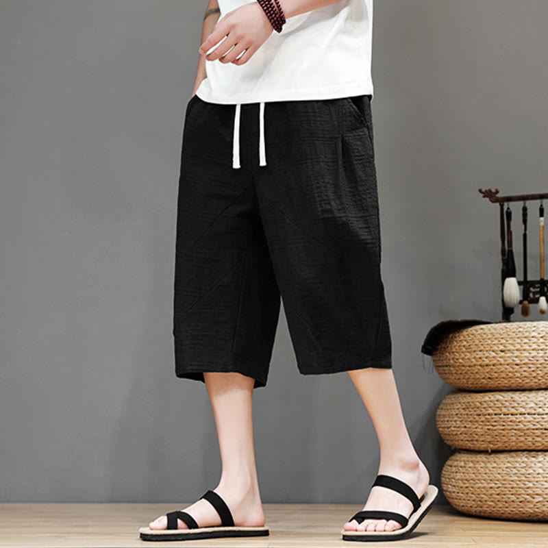 Vintage Jacquard Solid Color Drawstring Cropped Cotton Linen Men's Harem Pants With Pockets