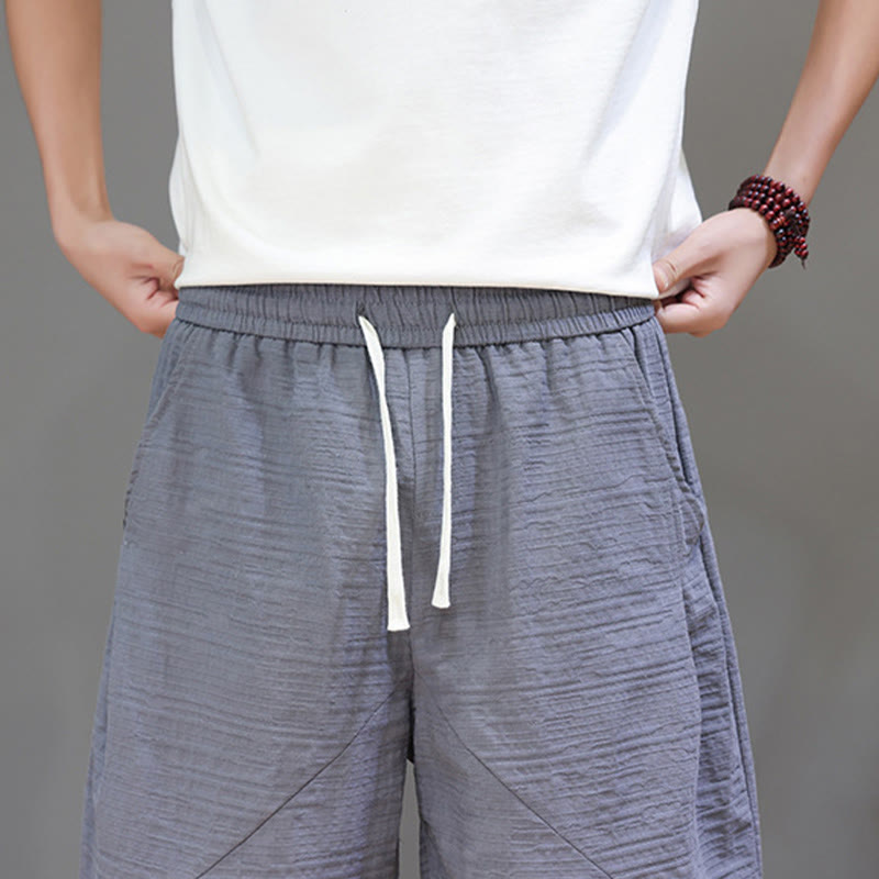 Vintage Jacquard Solid Color Drawstring Cropped Cotton Linen Men's Harem Pants With Pockets