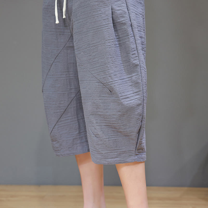 Vintage Jacquard Solid Color Drawstring Cropped Cotton Linen Men's Harem Pants With Pockets