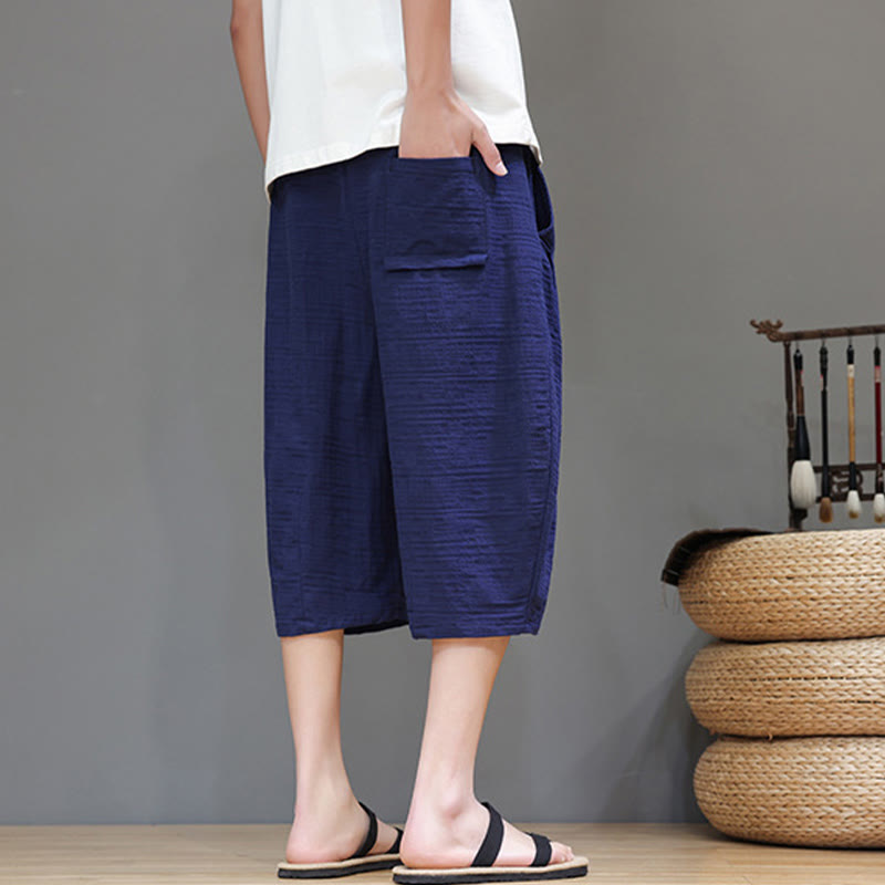 Vintage Jacquard Solid Color Drawstring Cropped Cotton Linen Men's Harem Pants With Pockets