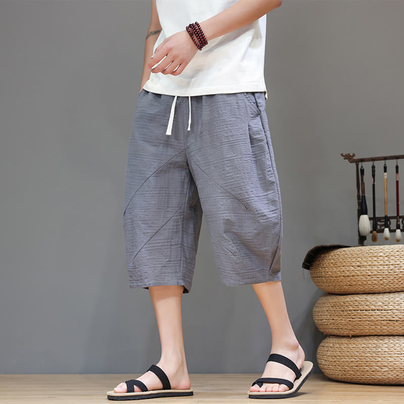 Vintage Jacquard Solid Color Drawstring Cropped Cotton Linen Men's Harem Pants With Pockets