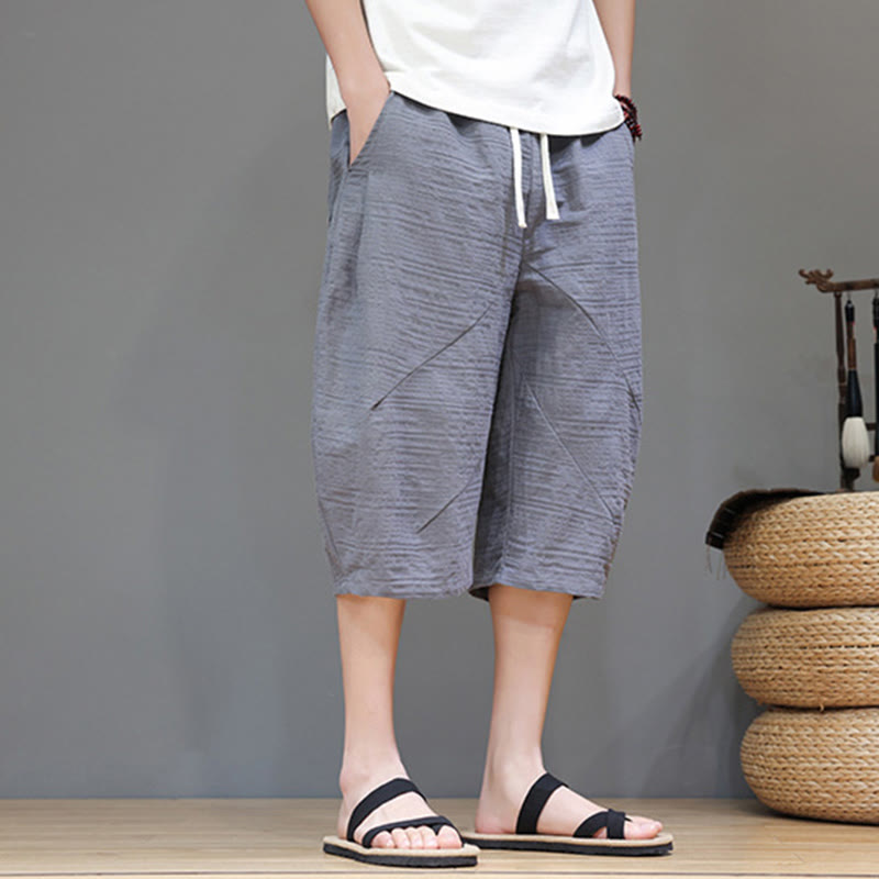 Vintage Jacquard Solid Color Drawstring Cropped Cotton Linen Men's Harem Pants With Pockets