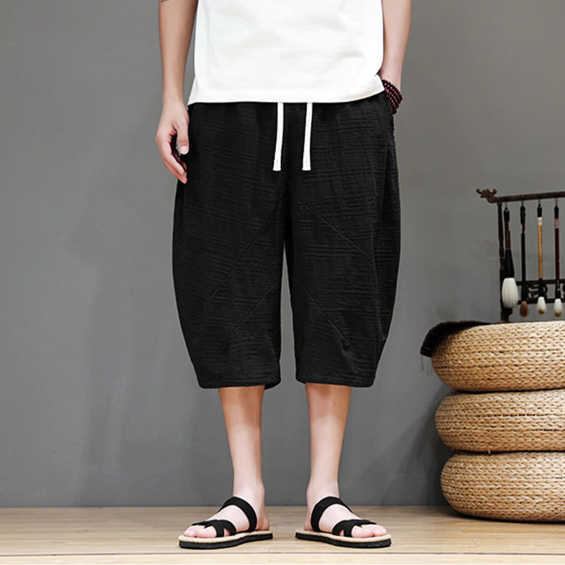 Vintage Jacquard Solid Color Drawstring Cropped Cotton Linen Men's Harem Pants With Pockets