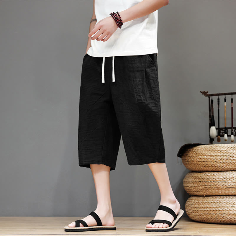 Vintage Jacquard Solid Color Drawstring Cropped Cotton Linen Men's Harem Pants With Pockets