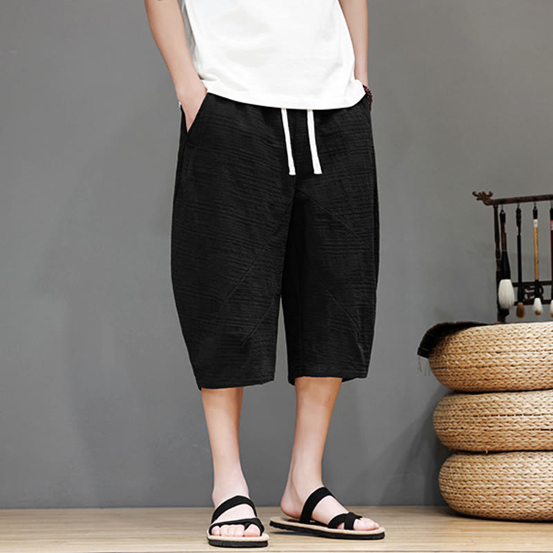 Vintage Jacquard Solid Color Drawstring Cropped Cotton Linen Men's Harem Pants With Pockets