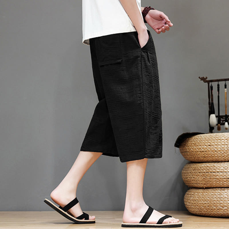 Vintage Jacquard Solid Color Drawstring Cropped Cotton Linen Men's Harem Pants With Pockets