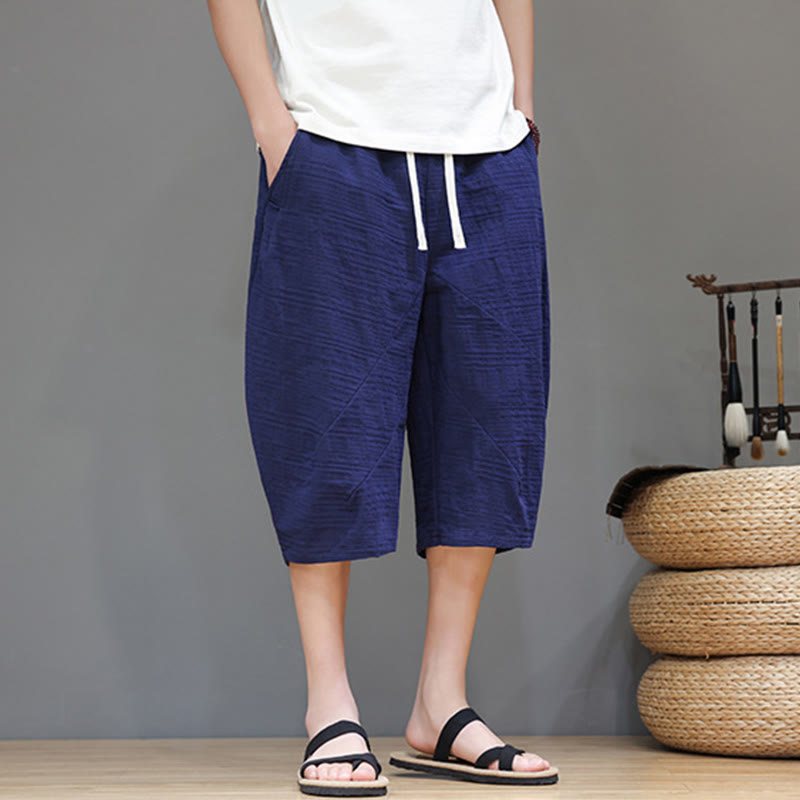 Vintage Jacquard Solid Color Drawstring Cropped Cotton Linen Men's Harem Pants With Pockets