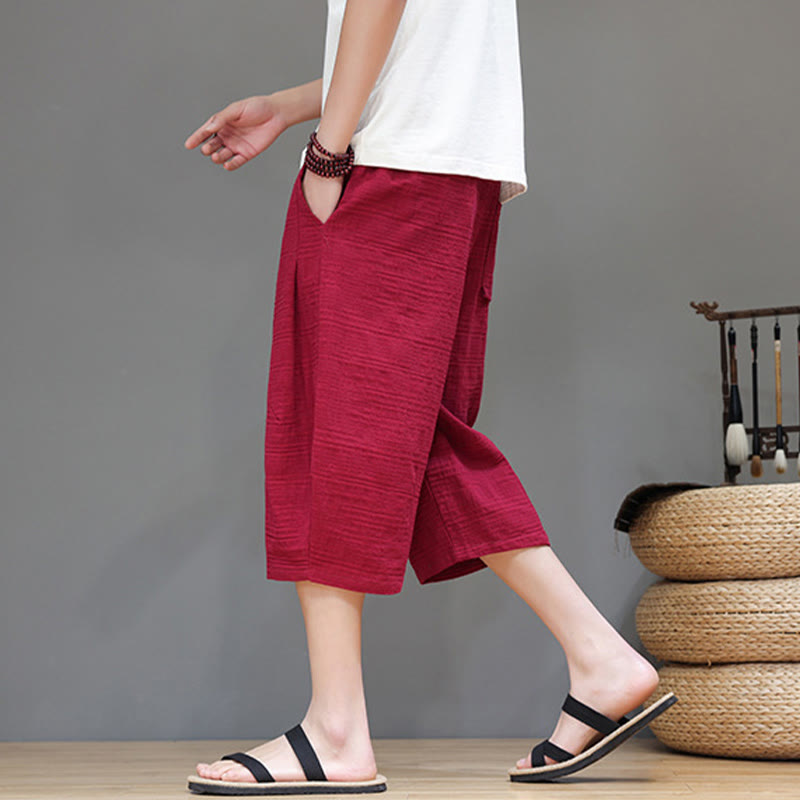 Vintage Jacquard Solid Color Drawstring Cropped Cotton Linen Men's Harem Pants With Pockets