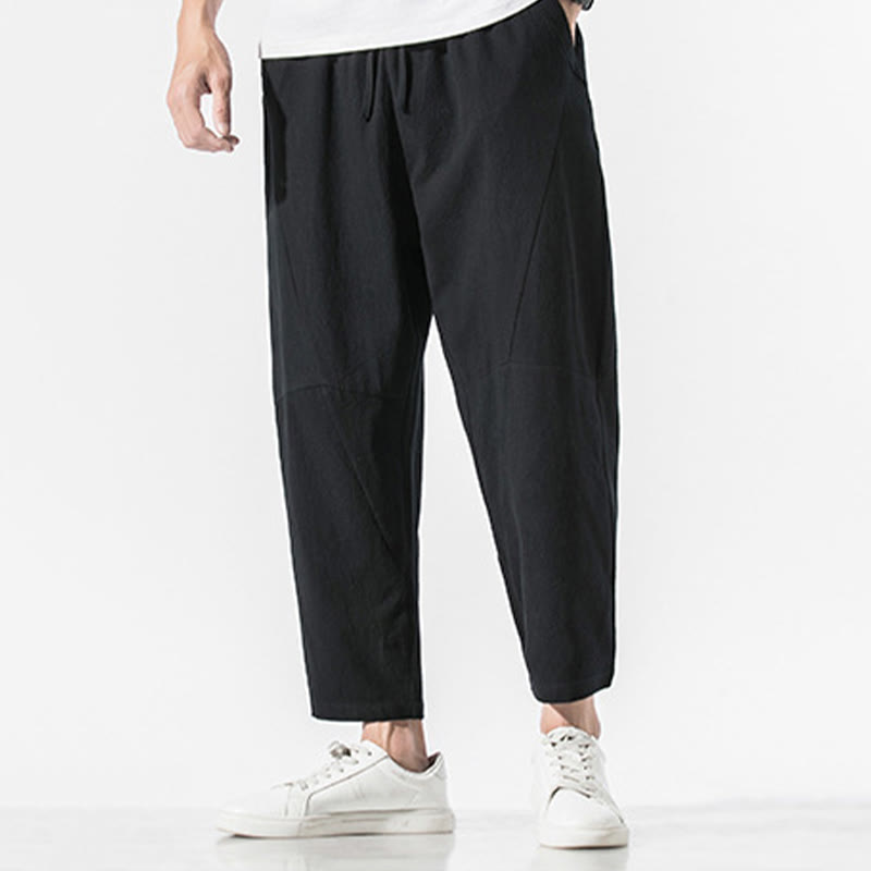 Vintage Jacquard Solid Color Drawstring Cotton Linen Men's Harem Pants With Pockets