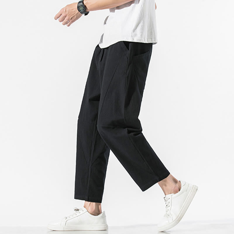 Vintage Jacquard Solid Color Drawstring Cotton Linen Men's Harem Pants With Pockets