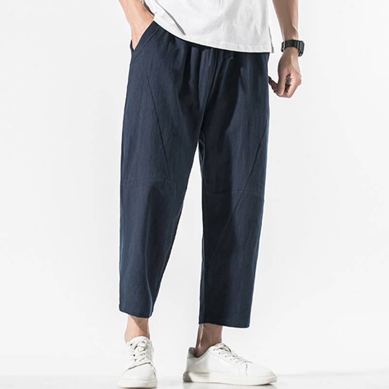 Vintage Jacquard Solid Color Drawstring Cotton Linen Men's Harem Pants With Pockets