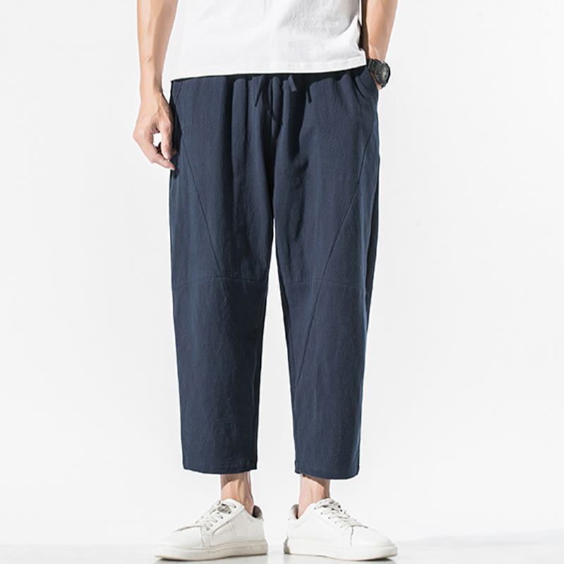 Vintage Jacquard Solid Color Drawstring Cotton Linen Men's Harem Pants With Pockets
