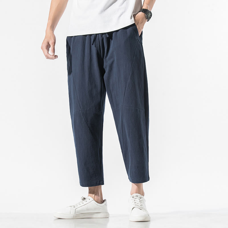 Vintage Jacquard Solid Color Drawstring Cotton Linen Men's Harem Pants With Pockets