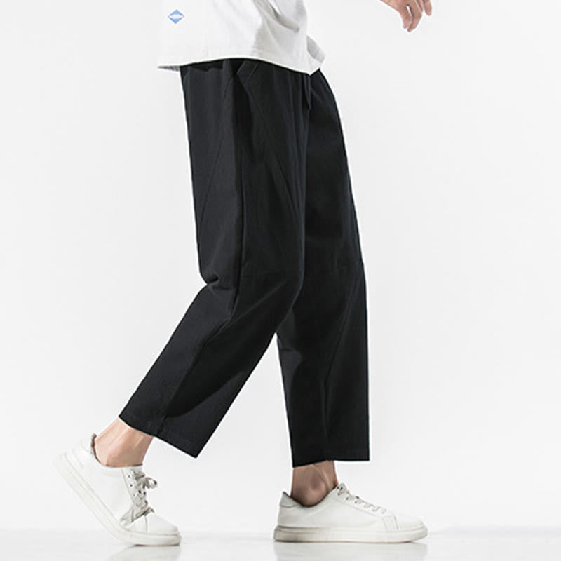 Vintage Jacquard Solid Color Drawstring Cotton Linen Men's Harem Pants With Pockets