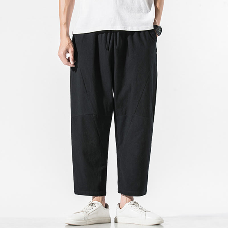 Vintage Jacquard Solid Color Drawstring Cotton Linen Men's Harem Pants With Pockets