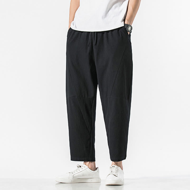Vintage Jacquard Solid Color Drawstring Cotton Linen Men's Harem Pants With Pockets