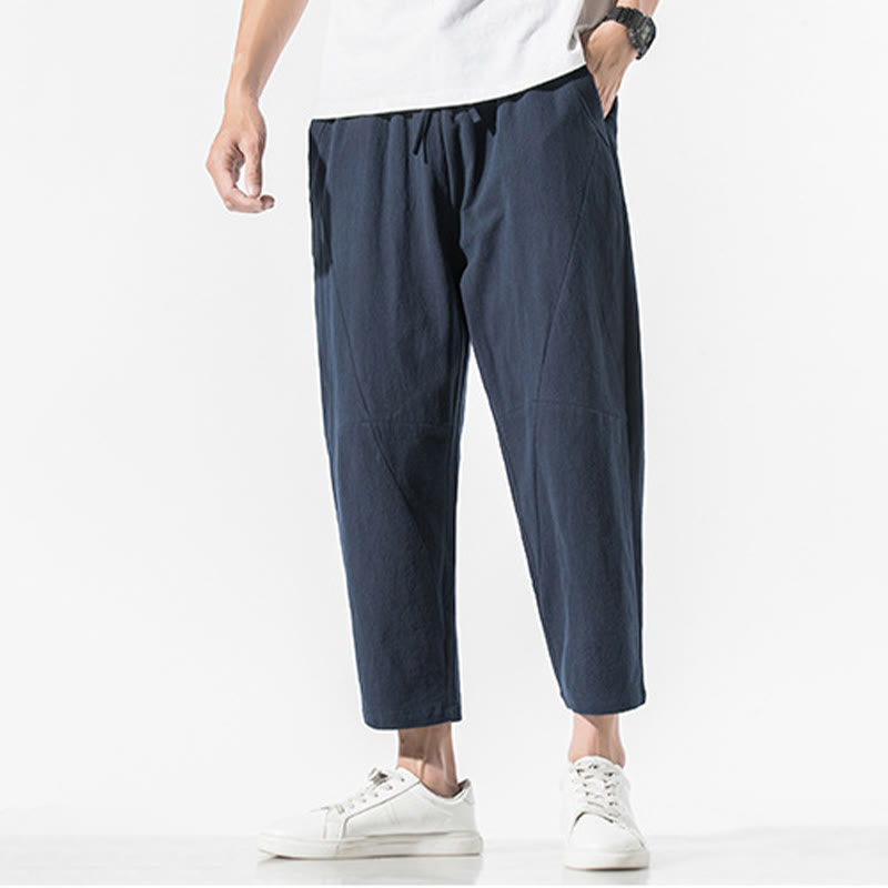 Vintage Jacquard Solid Color Drawstring Cotton Linen Men's Harem Pants With Pockets