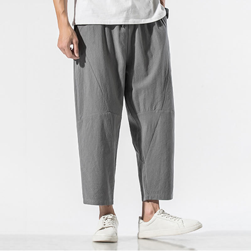 Vintage Jacquard Solid Color Drawstring Cotton Linen Men's Harem Pants With Pockets