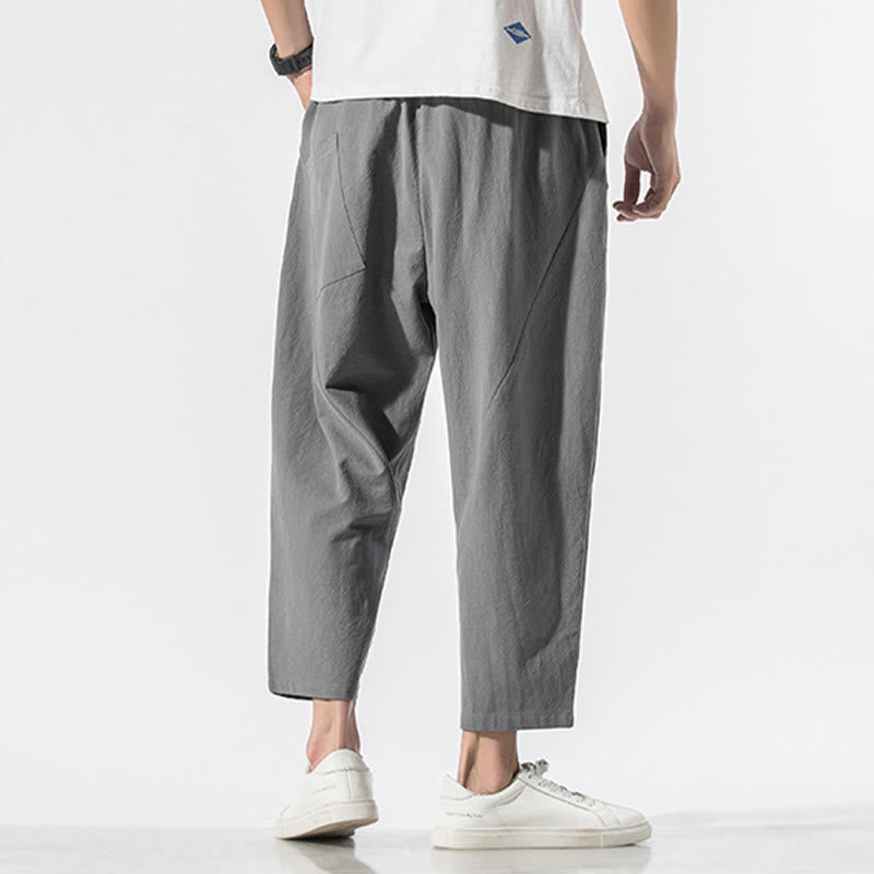 Vintage Jacquard Solid Color Drawstring Cotton Linen Men's Harem Pants With Pockets