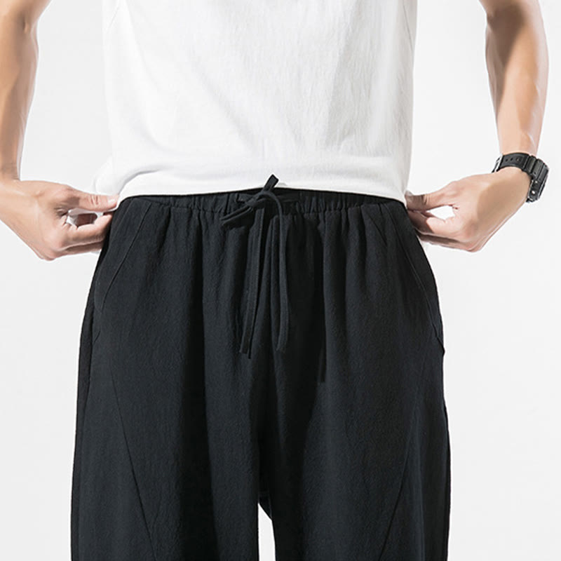 Vintage Jacquard Solid Color Drawstring Cotton Linen Men's Harem Pants With Pockets