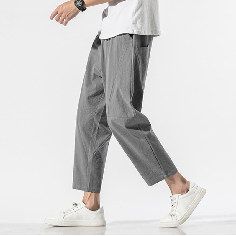 Vintage Jacquard Solid Color Drawstring Cotton Linen Men's Harem Pants With Pockets