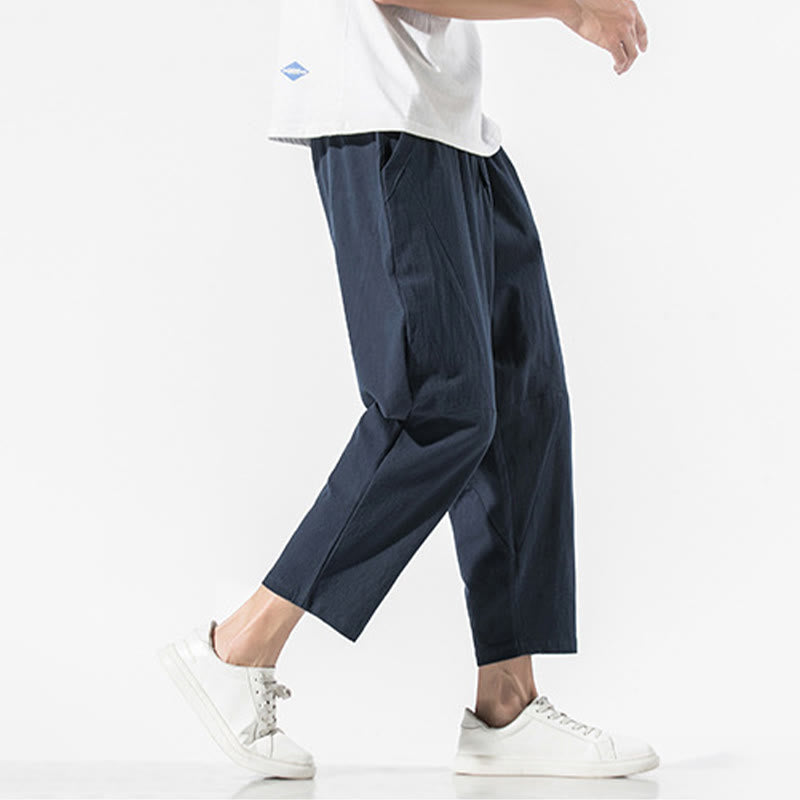 Vintage Jacquard Solid Color Drawstring Cotton Linen Men's Harem Pants With Pockets