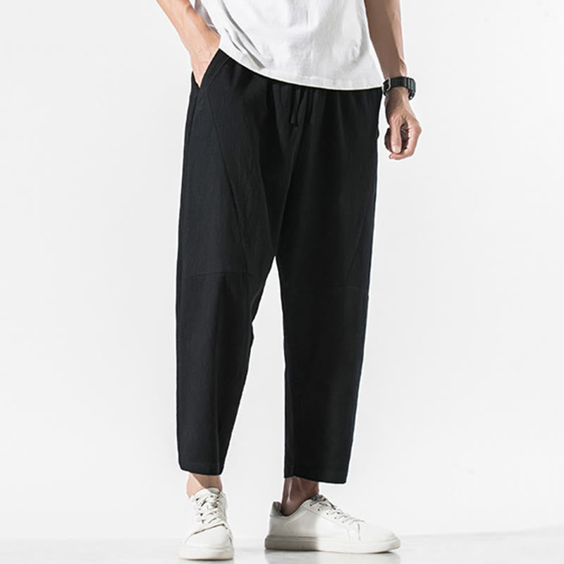 Vintage Jacquard Solid Color Drawstring Cotton Linen Men's Harem Pants With Pockets