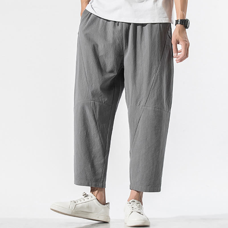 Vintage Jacquard Solid Color Drawstring Cotton Linen Men's Harem Pants With Pockets