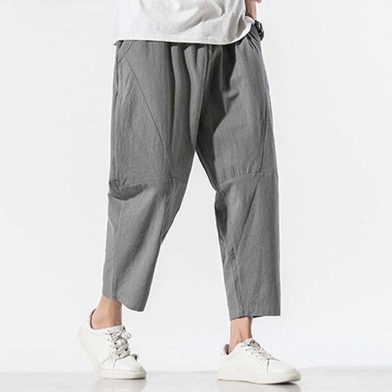 Vintage Jacquard Solid Color Drawstring Cotton Linen Men's Harem Pants With Pockets