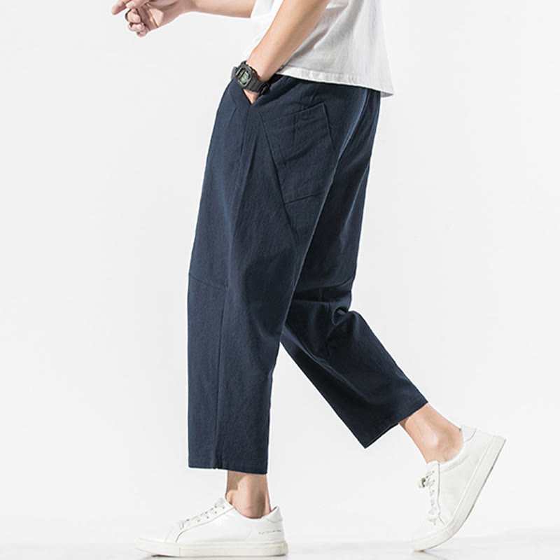 Vintage Jacquard Solid Color Drawstring Cotton Linen Men's Harem Pants With Pockets