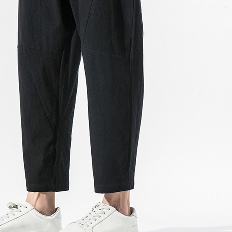 Vintage Jacquard Solid Color Drawstring Cotton Linen Men's Harem Pants With Pockets