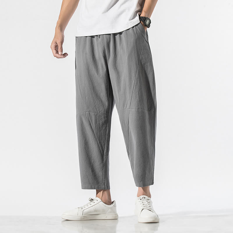 Vintage Jacquard Solid Color Drawstring Cotton Linen Men's Harem Pants With Pockets