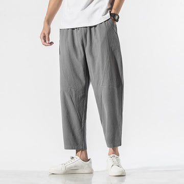 Vintage Jacquard Solid Color Drawstring Cotton Linen Men's Harem Pants With Pockets