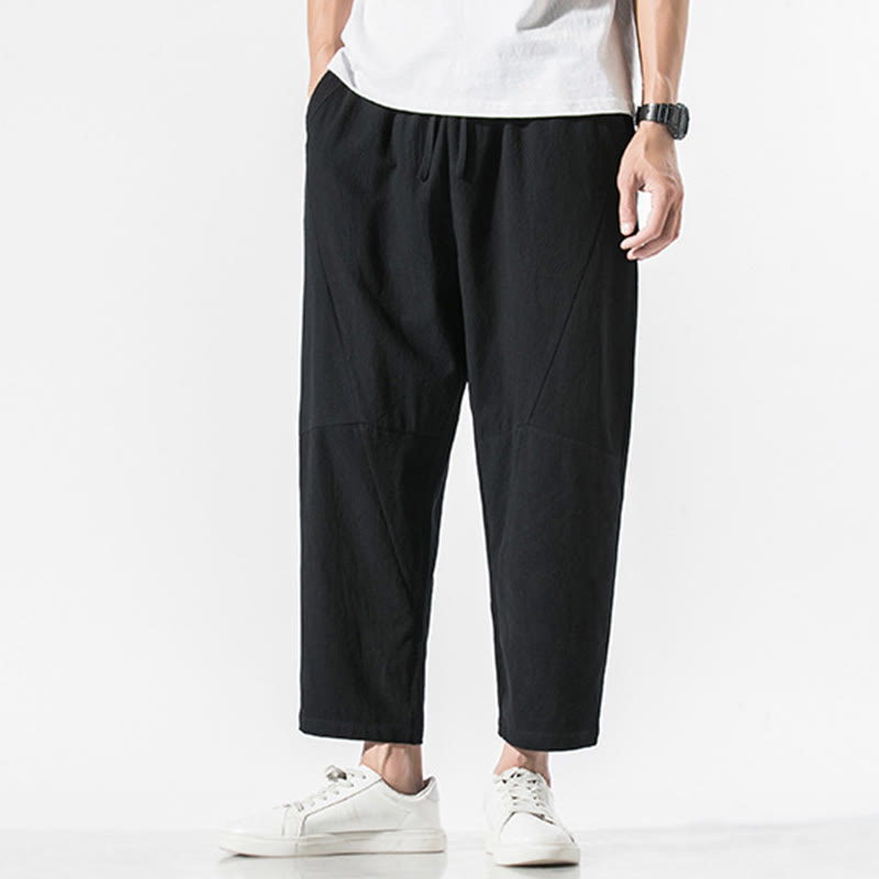 Vintage Jacquard Solid Color Drawstring Cotton Linen Men's Harem Pants With Pockets