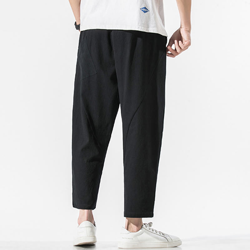 Vintage Jacquard Solid Color Drawstring Cotton Linen Men's Harem Pants With Pockets