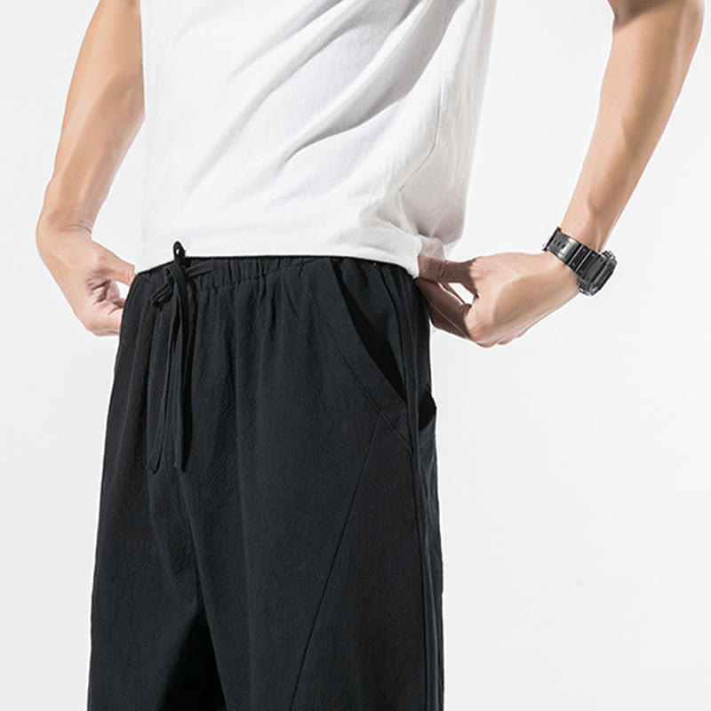 Vintage Jacquard Solid Color Drawstring Cotton Linen Men's Harem Pants With Pockets