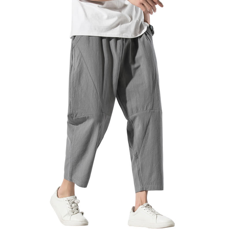 Vintage Jacquard Solid Color Drawstring Cotton Linen Men's Harem Pants With Pockets