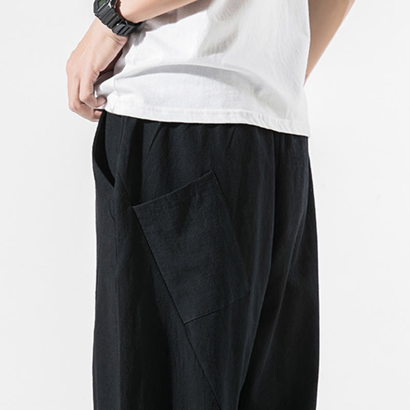 Vintage Jacquard Solid Color Drawstring Cotton Linen Men's Harem Pants With Pockets