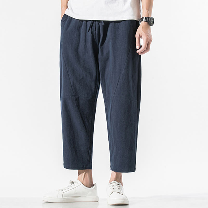 Vintage Jacquard Solid Color Drawstring Cotton Linen Men's Harem Pants With Pockets