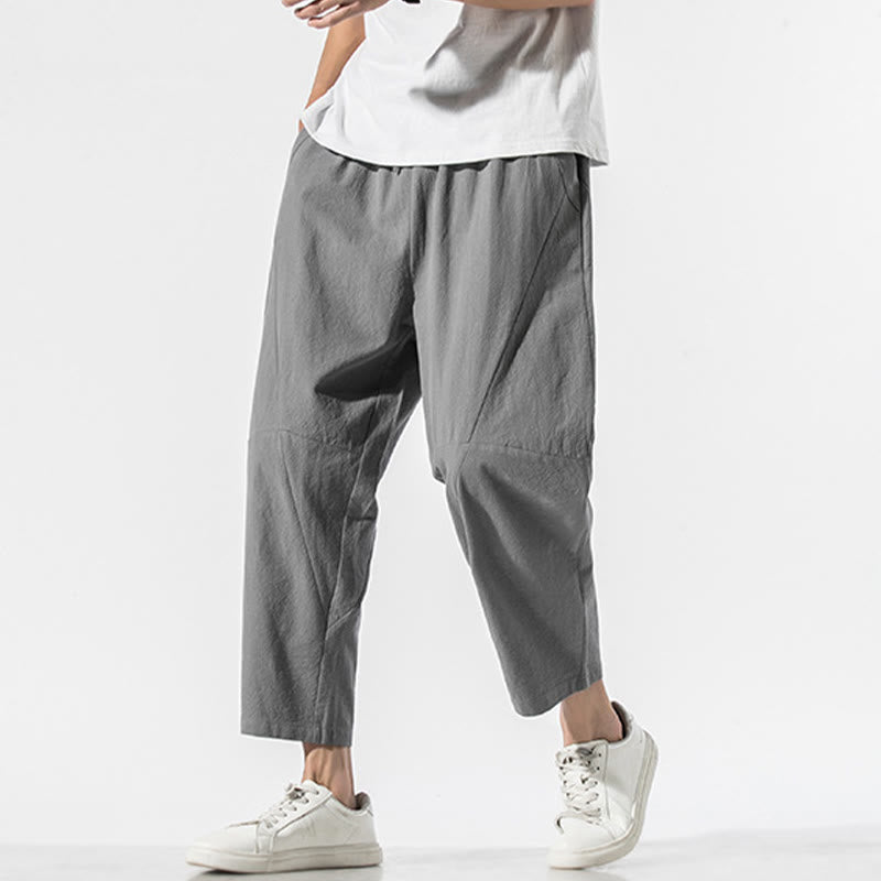 Vintage Jacquard Solid Color Drawstring Cotton Linen Men's Harem Pants With Pockets