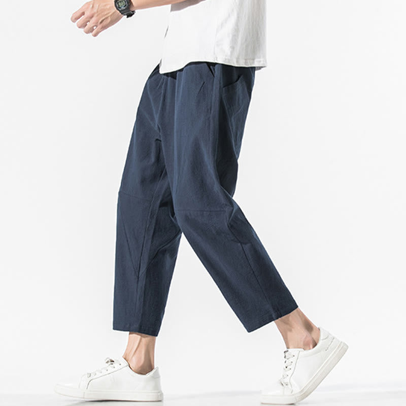 Vintage Jacquard Solid Color Drawstring Cotton Linen Men's Harem Pants With Pockets
