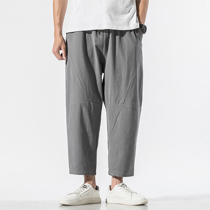 Vintage Jacquard Solid Color Drawstring Cotton Linen Men's Harem Pants With Pockets