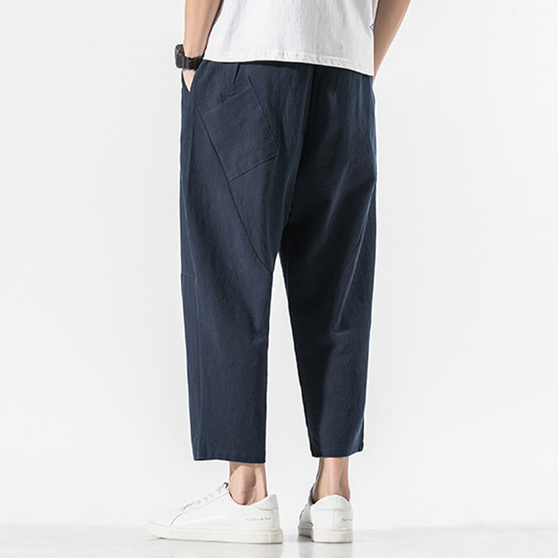 Vintage Jacquard Solid Color Drawstring Cotton Linen Men's Harem Pants With Pockets