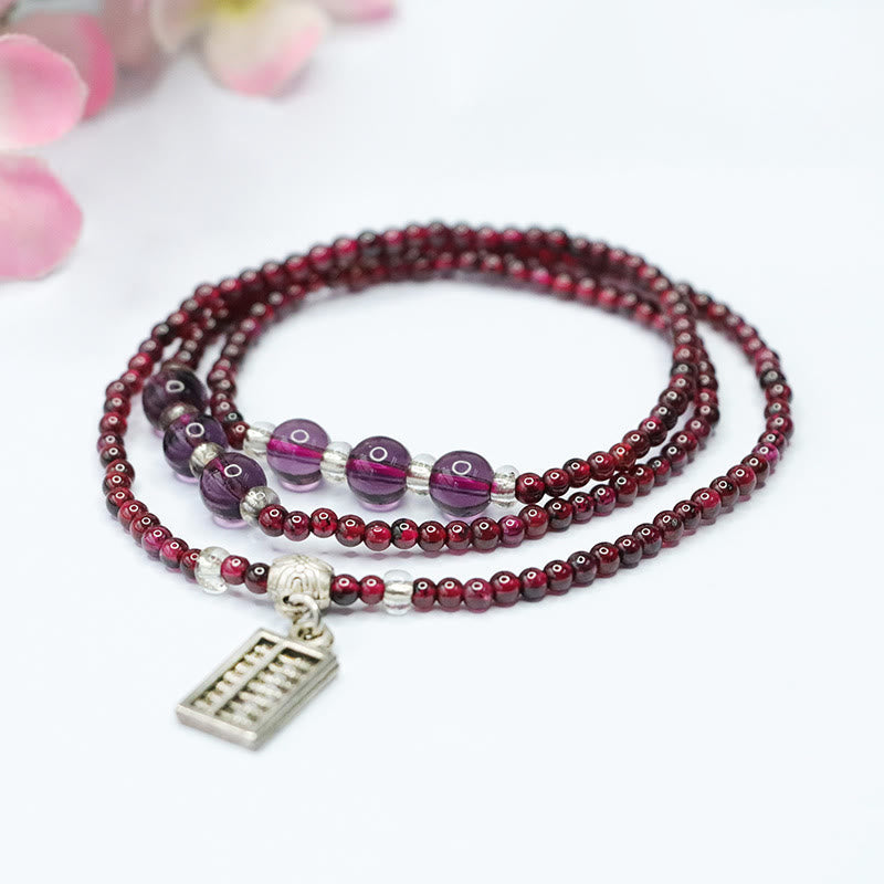 Natural Garnet & Clear Quartz 3mm Triple Wrap Bracelet with Symbolic Charms