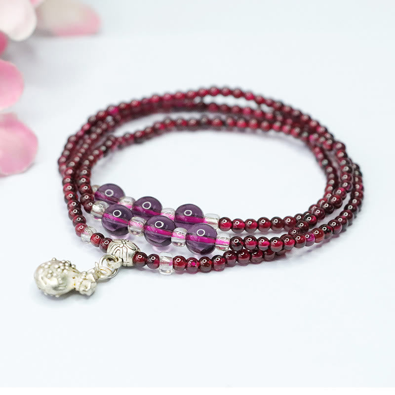 Natural Garnet & Clear Quartz 3mm Triple Wrap Bracelet with Symbolic Charms