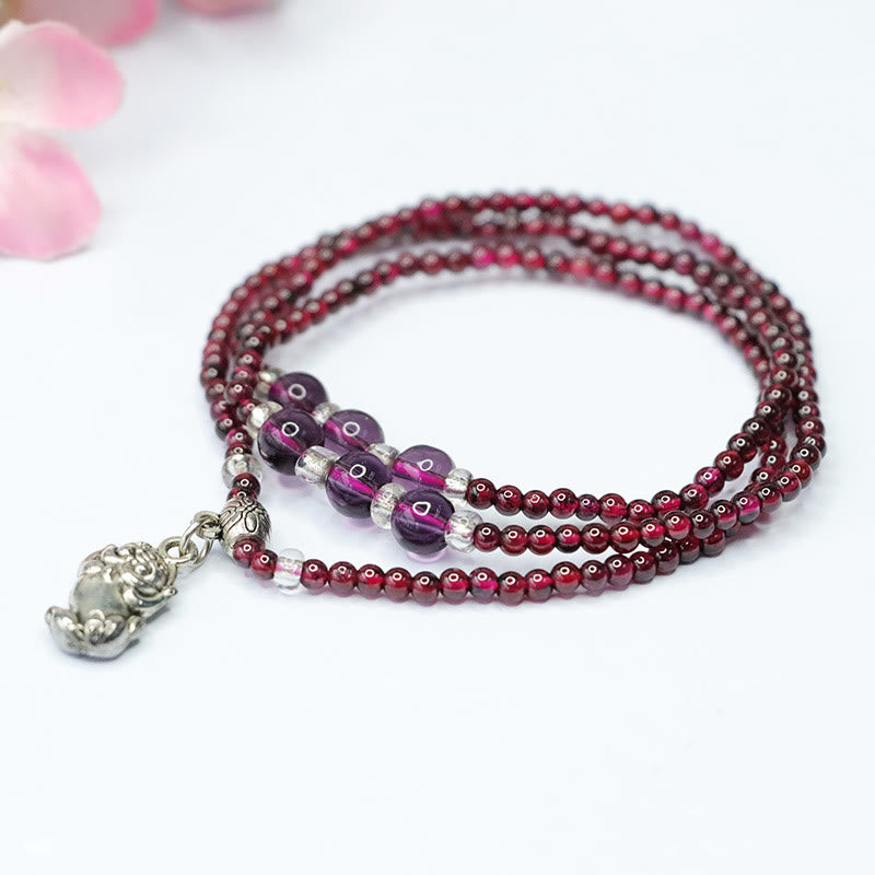 Natural Garnet & Clear Quartz 3mm Triple Wrap Bracelet with Symbolic Charms