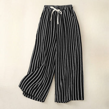 Casual Acrylic Stripe Lace-up Women's Wide Leg Pants With Pockets