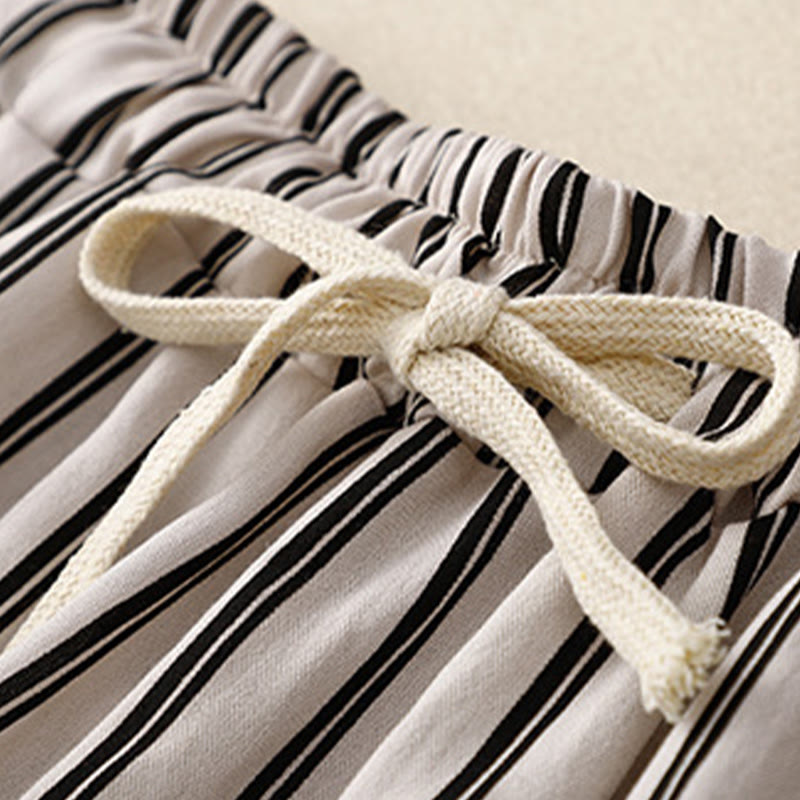 Casual Acrylic Stripe Lace-up Women's Wide Leg Pants With Pockets