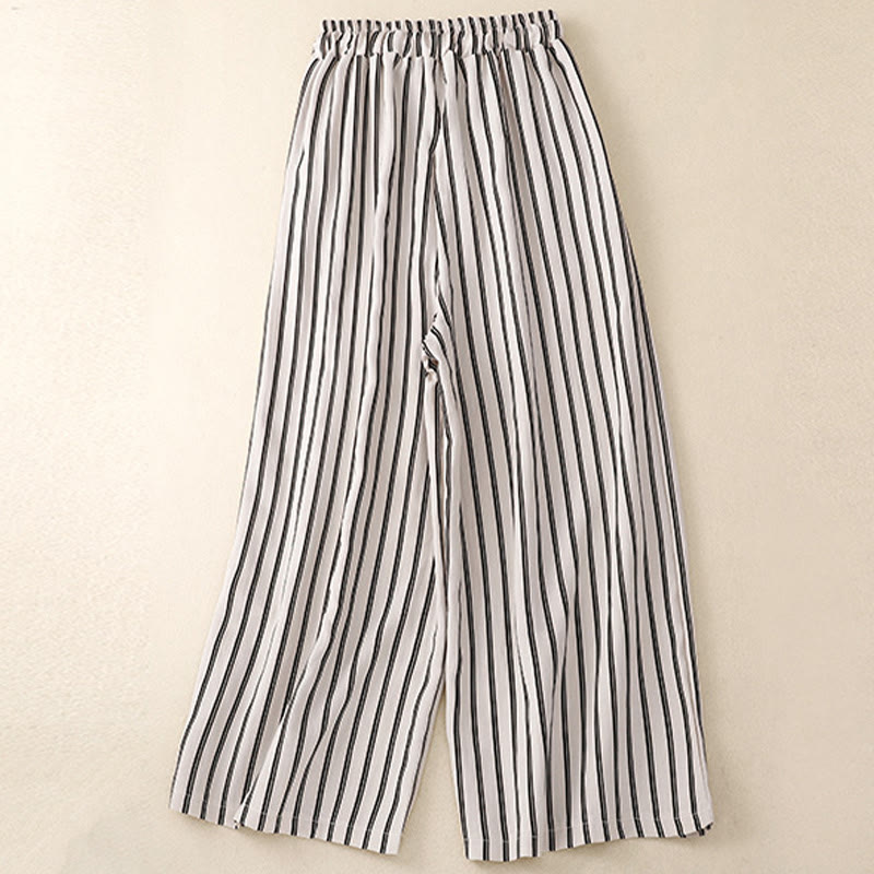 Casual Acrylic Stripe Lace-up Women's Wide Leg Pants With Pockets