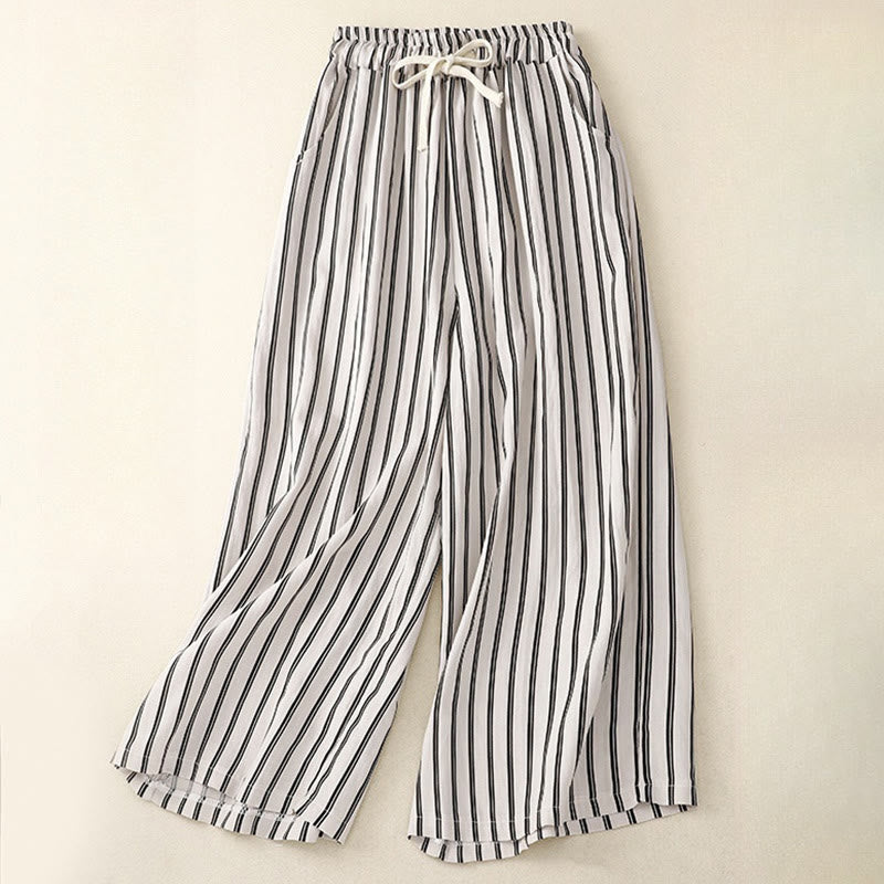 Casual Acrylic Stripe Lace-up Women's Wide Leg Pants With Pockets